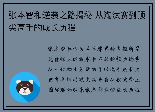 张本智和逆袭之路揭秘 从淘汰赛到顶尖高手的成长历程
